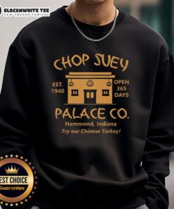 Alt Text: Cozy 'Pretty Christmas Story Chop Suey Palace' sweatshirt featuring festive design, perfect for holiday wear.