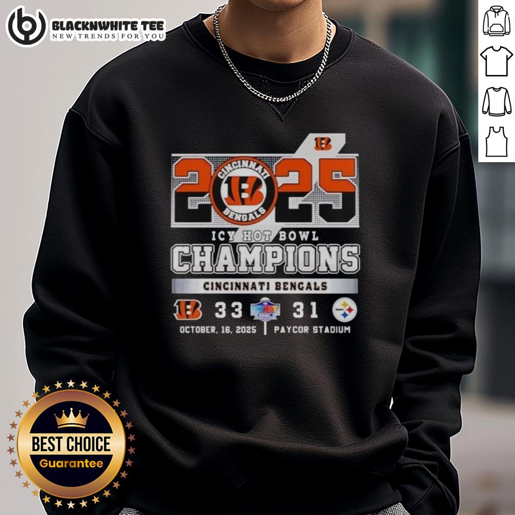 Pretty Cincinnati Bengals Vs Pittsburgh Steelers Icy Hot Bowl Champions 2025 Sweatshirt Alt Text: 2025 Cincinnati Bengals vs Pittsburgh Steelers Icy Hot Bowl Champions sweatshirt showcasing team pride and vibrant design.