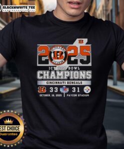 Alt Text: Cincinnati Bengals vs Pittsburgh Steelers Icy Hot Bowl Champions 2025 T-shirt featuring team logos and vibrant colors.