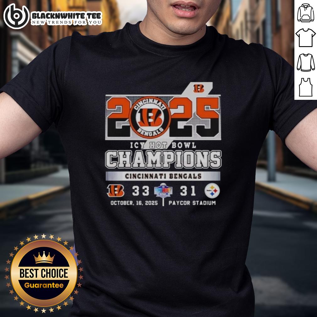Pretty Cincinnati Bengals Vs Pittsburgh Steelers Icy Hot Bowl Champions 2025 T-Shirt Alt Text: Cincinnati Bengals vs Pittsburgh Steelers Icy Hot Bowl Champions 2025 T-shirt featuring team logos and vibrant colors.