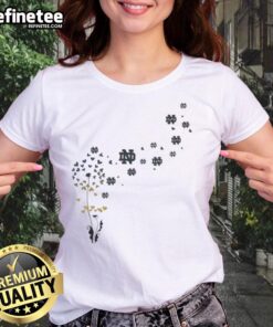 Pretty dandelion flower with Notre Dame Fighting Irish football logo on a ladies tee shirt design.