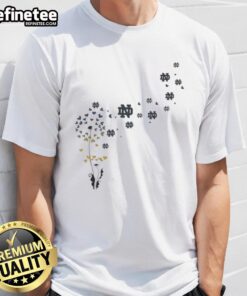 Pretty dandelion flower design on a Notre Dame Fighting Irish football logo t-shirt, perfect for fans and floral enthusiasts.