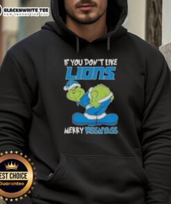 Pretty Grinch hoodie design for Detroit Lions fans with 'Merry Kissmyass' text, perfect for holiday cheer.