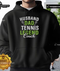 Pretty husband and dad wearing a tennis legend coach hoodie, showcasing style and passion for tennis on the court.
