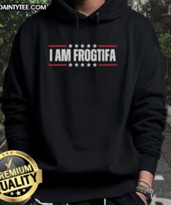 Pretty I Am Frogtifa Portland Frog Protest Hoodie featuring vibrant frog graphics and a bold protest message.