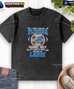 Alt Text: Washed t-shirt featuring 'My heart and soul belongs to Detroit Lions' - perfect for game day in Florida.