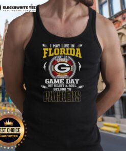 Green Bay Packers tank top with 'Pretty I May Live In Florida But On Game Day My Heart Belongs To Green Bay' design.