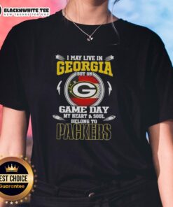 Pretty 'I May Live in Georgia But On Game Day My Heart and Soul Belongs to Green Bay Packers' Ladies Tee in vibrant colors.