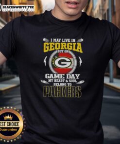 Green Bay Packers T-shirt with 'I May Live In Georgia But On Game Day My Heart Belongs To Green Bay' slogan.