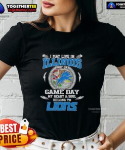Women's tee featuring 'I May Live In Illinois But My Heart Belongs To Detroit Lions' design, perfect for game day.