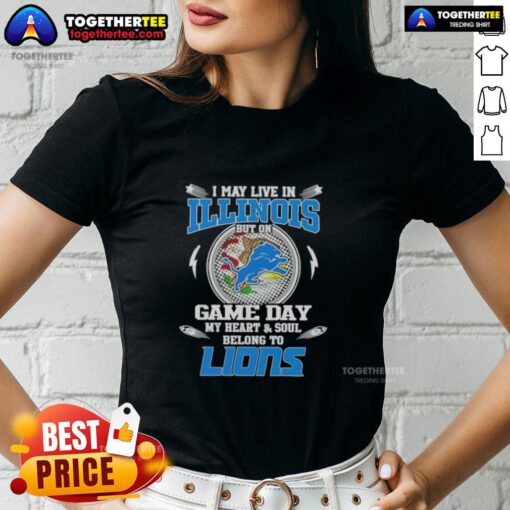 Women's tee featuring 'I May Live In Illinois But My Heart Belongs To Detroit Lions' design, perfect for game day.