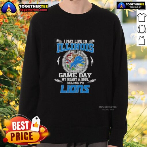 Alt Text: Woman wearing a Detroit Lions sweatshirt, showcasing pride for her team despite living in Illinois on game day.