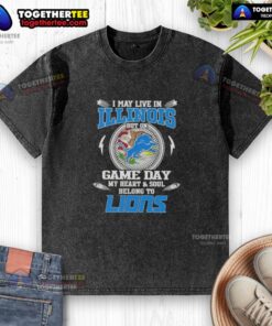 Alt Text: Washed t-shirt with 'My heart belongs to Detroit Lions' design, perfect for Illinois fans on game day.