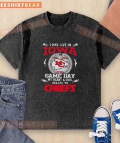 Kansas City Chiefs washed t-shirt with 'I may live in Iowa, but my heart belongs to Chiefs' slogan.