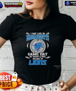 Alt Text: Ladies tee featuring 'My Heart and Soul Belongs to Detroit Lions' design, perfect for Massachusetts fans on game day.