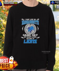 Cozy sweatshirt featuring 'My heart belongs to Detroit Lions' design, perfect for game day in Massachusetts.