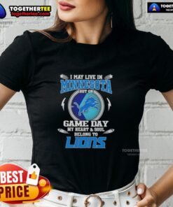Ladies tee featuring 'I may live in Minnesota but my heart belongs to Detroit Lions' design for game day.