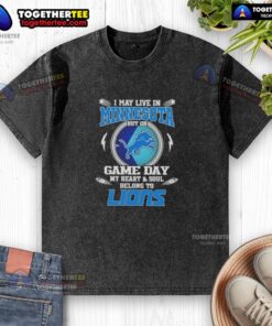 Stylish washed t-shirt featuring 'My heart belongs to Detroit Lions' for Minnesota fans on game day.