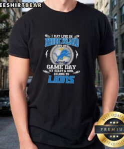 Alt Text: Detroit Lions T-Shirt with 'I May Live In Rhode Island But My Heart Belongs To Detroit Lions' slogan on display.