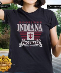 Alt Text: Stylish Indiana Hoosiers Stripe Splash Ladies Tee featuring vibrant colors and a trendy design for fans.
