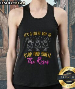 Pretty tank top with 'It's a Great Day to Stop and Smell the Roses' design, perfect for casual summer outings.