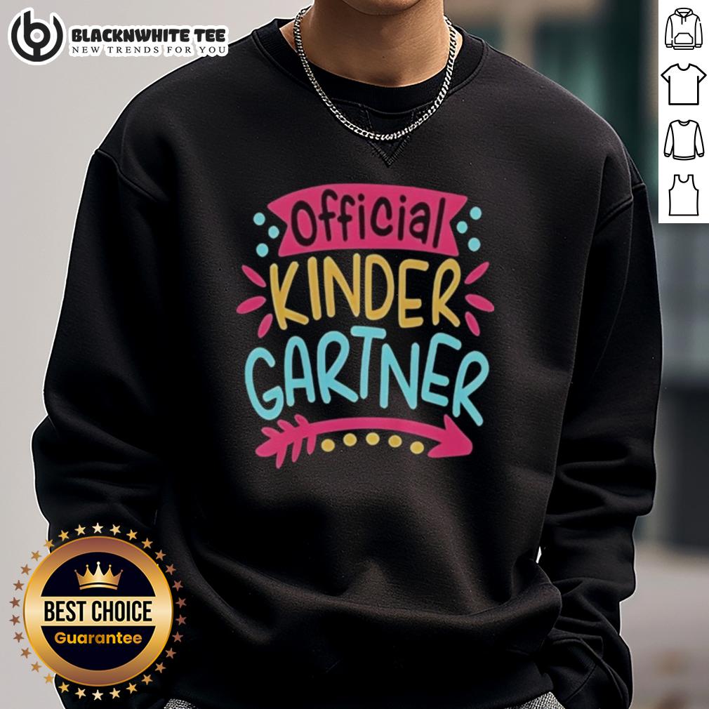 Pretty Kindergartner Girl First Day Of Kindergarten Sweatshirt Pretty kindergartner girl wearing a cute sweatshirt on her first day of kindergarten, smiling with a backpack.