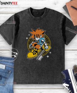 Kid wearing a Pretty Kingdom Heart Sora washed t-shirt, featuring vibrant colors and a playful design for fans.