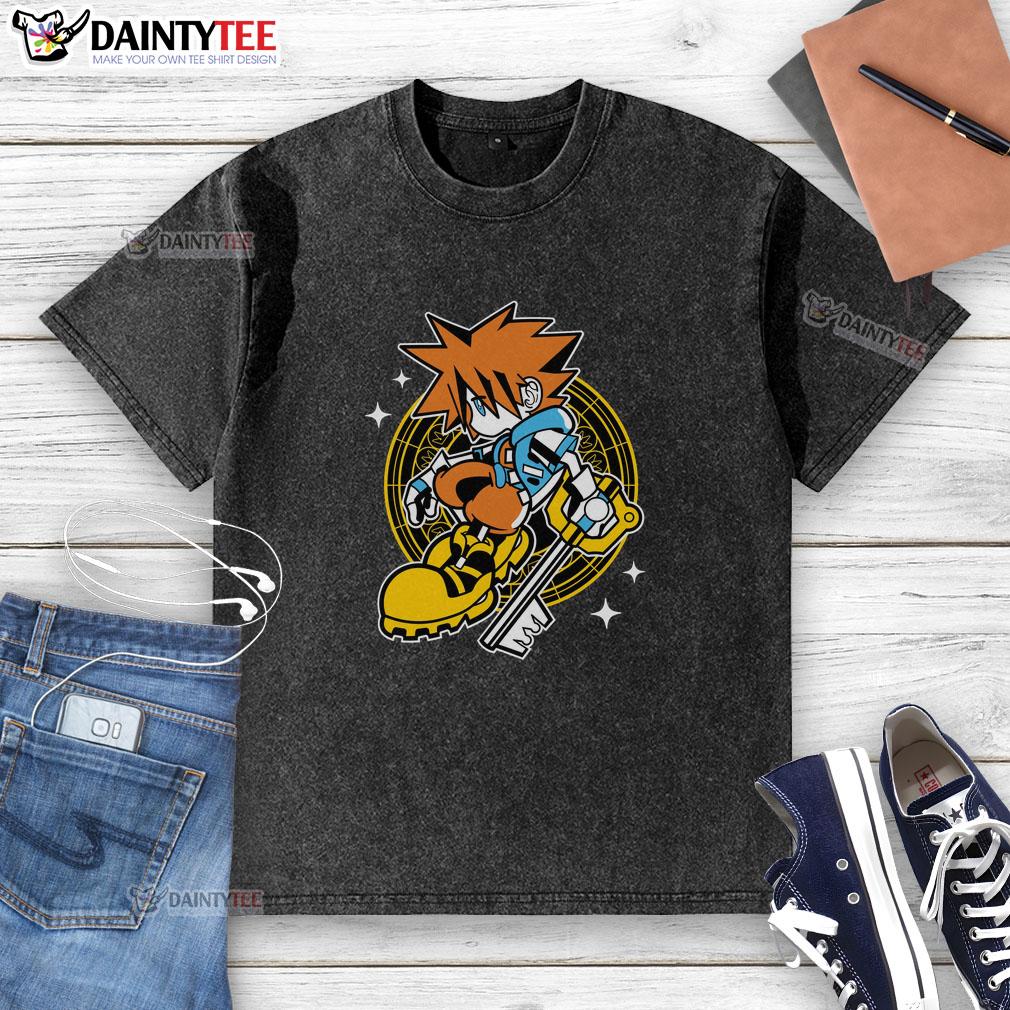 pretty-kingdom-heart-sora-kid-washed-t-shirt Kid wearing a Pretty Kingdom Heart Sora washed t-shirt, featuring vibrant colors and a playful design for fans.