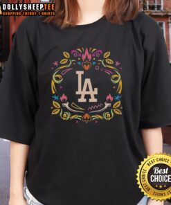 Pretty Los Angeles Dodgers Dia de los Muertos MLB celebration ladies tee showcasing vibrant designs and festive colors.