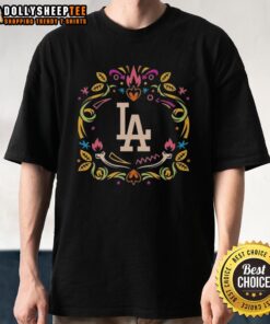 Pretty Los Angeles Dodgers Da De Los Muertos MLB celebration t-shirt featuring vibrant designs and festive colors.