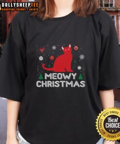 Pretty Meowy Christmas cute ladies tee featuring festive cat graphics and holiday colors, perfect for Christmas celebrations.