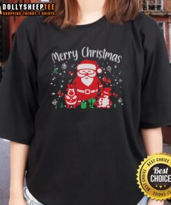 Cute ladies tee featuring Santa and a snowman for a pretty Merry Christmas celebration.