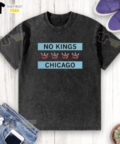 Pretty No Kings Chicago Flag Washed T-Shirt in soft cotton, featuring a vintage design and vibrant Chicago flag colors.