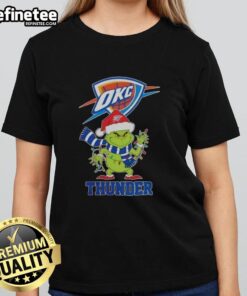 Pretty Oklahoma City Thunder Christmas Grinch Santa Hat holiday ladies tee featuring festive design and team colors.