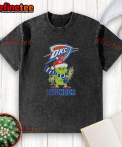 Pretty Oklahoma City Thunder Christmas Grinch Santa Hat holiday washed t-shirt featuring festive graphics and vibrant colors.