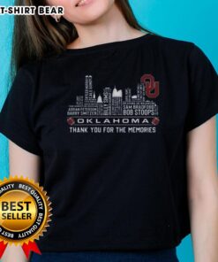Alt Text: Pretty Oklahoma Sooners skyline with player names, celebrating memories on a stylish ladies tee shirt design.