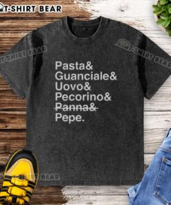 Stylish washed t-shirt featuring pretty pasta, guanciale, uovo, pecorino, panna, and pepe design for food lovers.