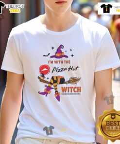 Alt Text: Pretty Pizza Hut Halloween T-Shirt with 'I'M With The Witch She Has Me Under Her Spell' design for festive fun.