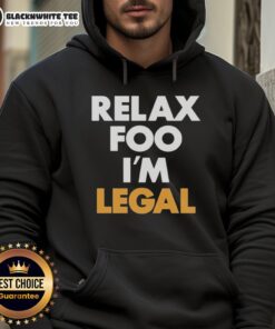 Model wearing a Pretty Relax Foo I'm Legal hoodie, showcasing stylish design and comfortable fit in a casual setting.