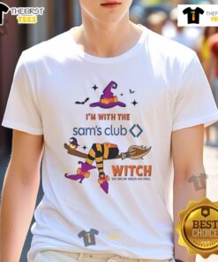 Alt Text: Pretty Sam's Club Halloween t-shirt featuring 'I'm With The Witch, She Has Me Under Her Spell' design.