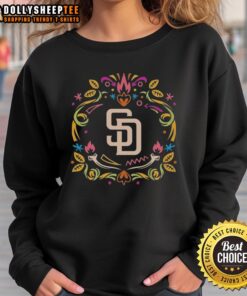 Pretty San Diego Padres Dia de los Muertos MLB celebration sweatshirt featuring vibrant colors and festive designs.
