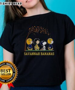 Pretty Snoopy and friends Peanuts x Savannah Bananas baseball autumn ladies tee featuring vibrant colors and playful design.