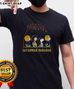 Alt Text: Pretty Snoopy and Friends Peanuts X Savannah Bananas baseball autumn T-shirt featuring colorful cartoon characters.