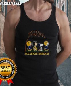 Pretty Snoopy and Friends Peanuts x Savannah Bananas baseball autumn tank top featuring colorful cartoon designs.