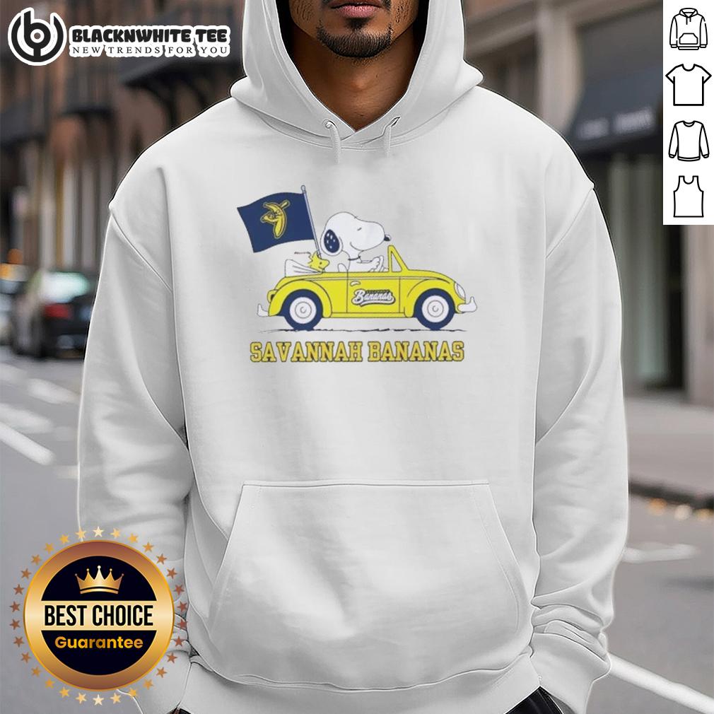 Pretty Snoopy Driving Car Savannah Bananas Hoodie Snoopy in a car wearing a Savannah Bananas hoodie, showcasing a fun and colorful design for fans.