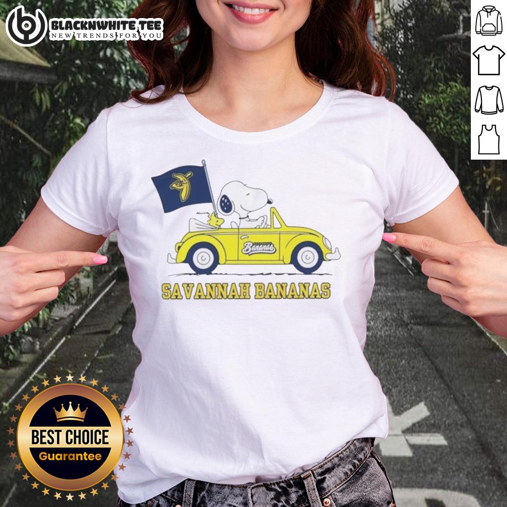 Pretty Snoopy Driving Car Savannah Bananas Ladies Tee Pretty Snoopy driving a car on a Savannah Bananas ladies tee, showcasing a fun and vibrant design for fans.