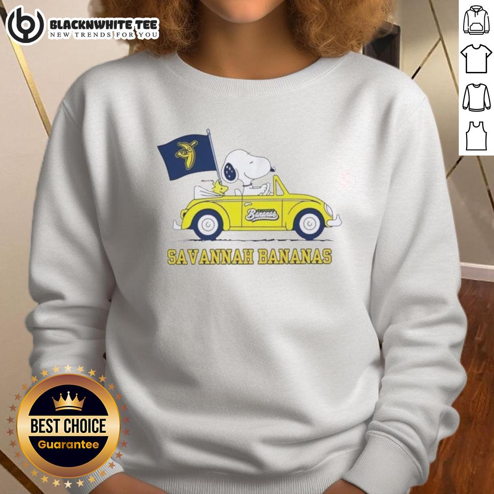 Pretty Snoopy Driving Car Savannah Bananas Sweatshirt Pretty Snoopy driving a car on a Savannah Bananas sweatshirt, showcasing a fun and playful design.