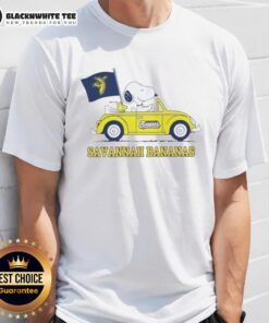 Pretty Snoopy driving a car on a Savannah Bananas T-shirt, showcasing a fun and colorful design for fans.