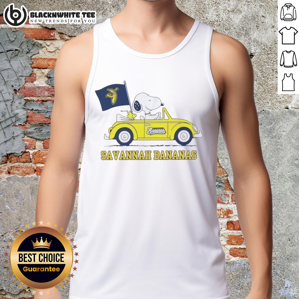 Pretty Snoopy Driving Car Savannah Bananas Tank Top Pretty Snoopy driving a car while wearing a Savannah Bananas tank top, showcasing vibrant colors and playful style.