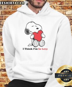 Pretty Snoopy 'I Think I'm In Love' hoodie featuring a cute Snoopy graphic, perfect for cozy casual outfits.